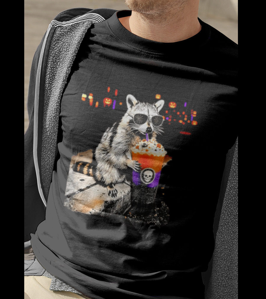 Raccoon With Sunglasses Enjoying Halloween Frappe With Skull Cup And Pumpkin T-Shirt