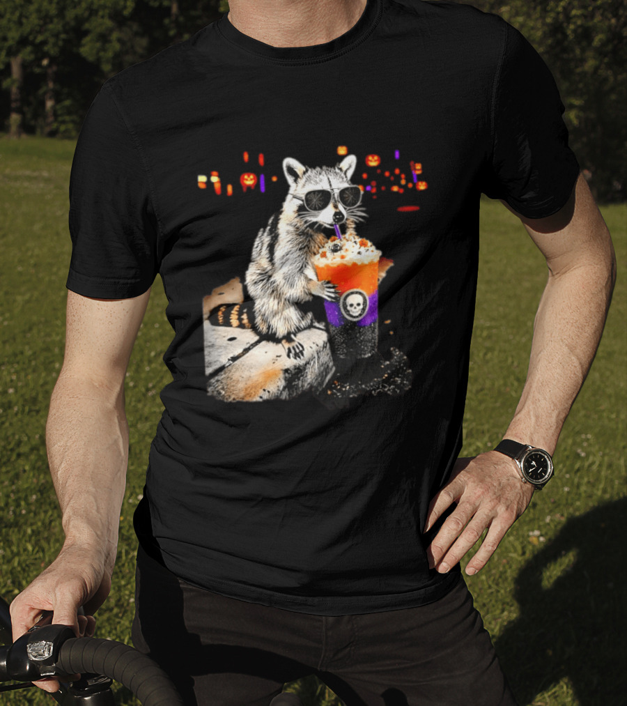 Raccoon With Sunglasses Enjoying Halloween Frappe With Skull Cup And Pumpkin T-Shirt