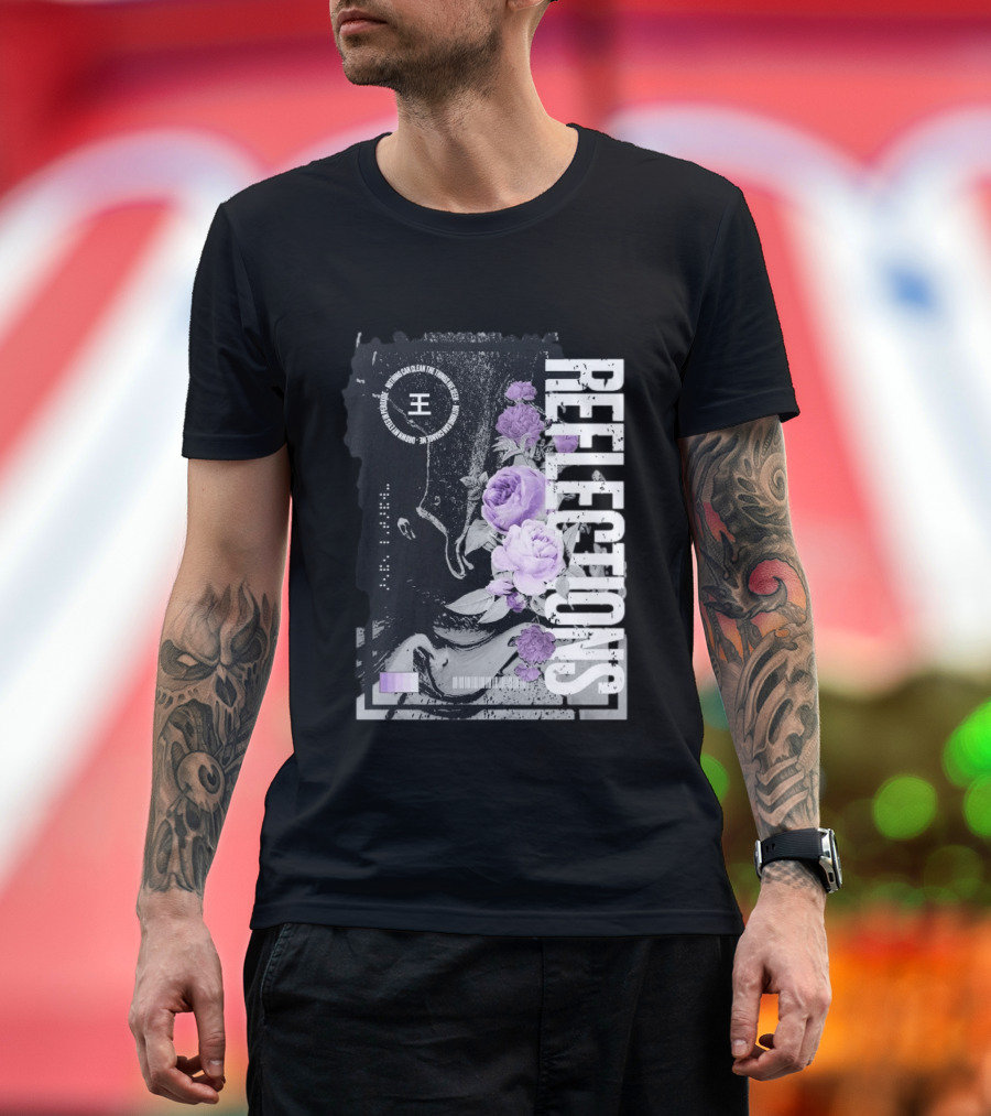 Reflections Peroxide Floral Typography With Purple Roses And Abstract Black And White T-Shirt