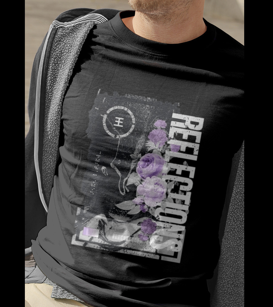 Reflections Peroxide Floral Typography With Purple Roses And Abstract Black And White T-Shirt