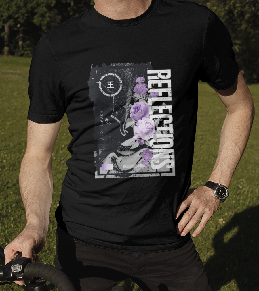 Reflections Peroxide Floral Typography With Purple Roses And Abstract Black And White T-Shirt