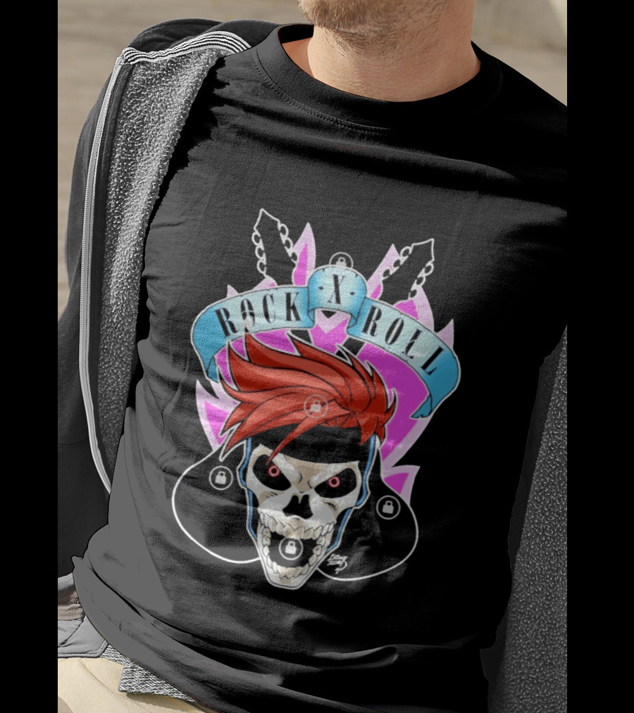 Rock X Roll Skull Electric Guitar Red Hair T-Shirt