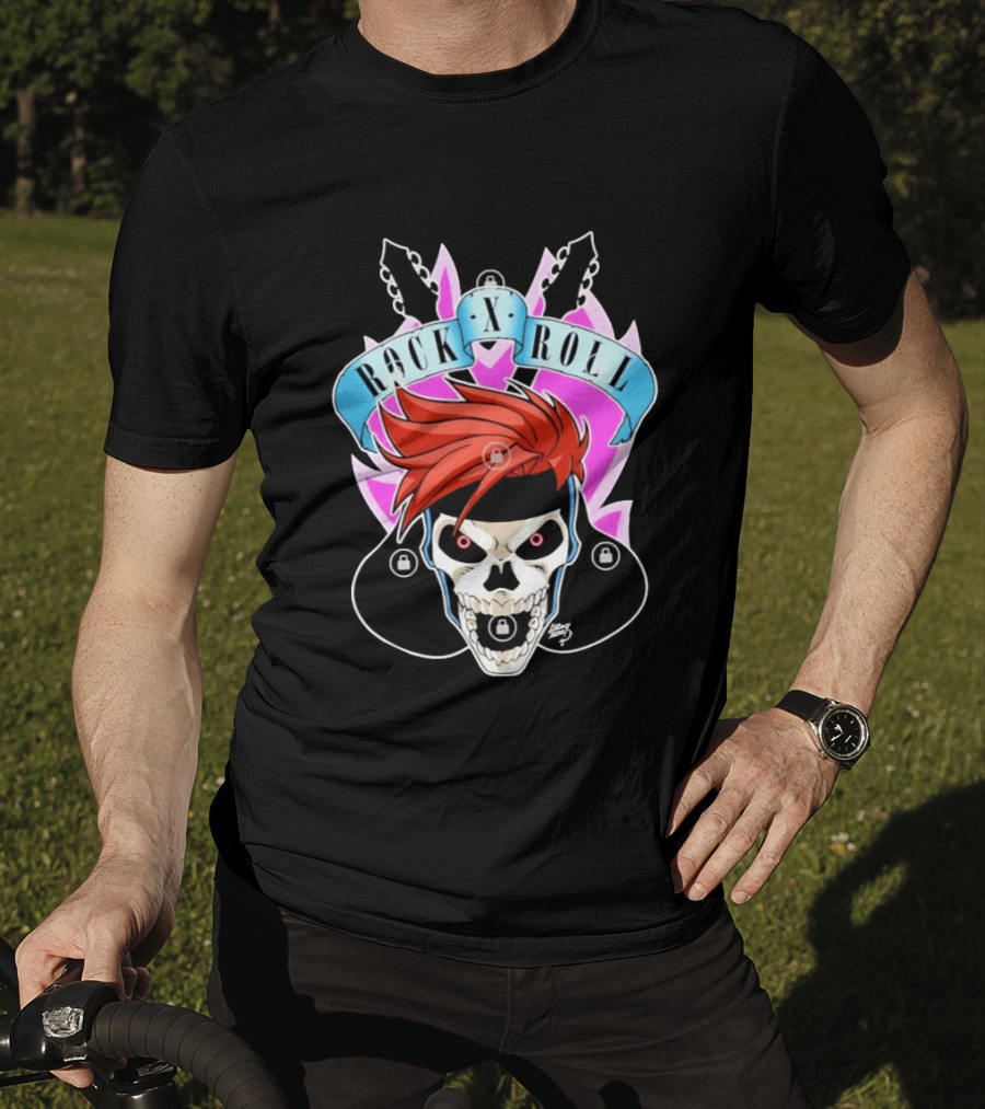 Rock X Roll Skull Electric Guitar Red Hair T-Shirt