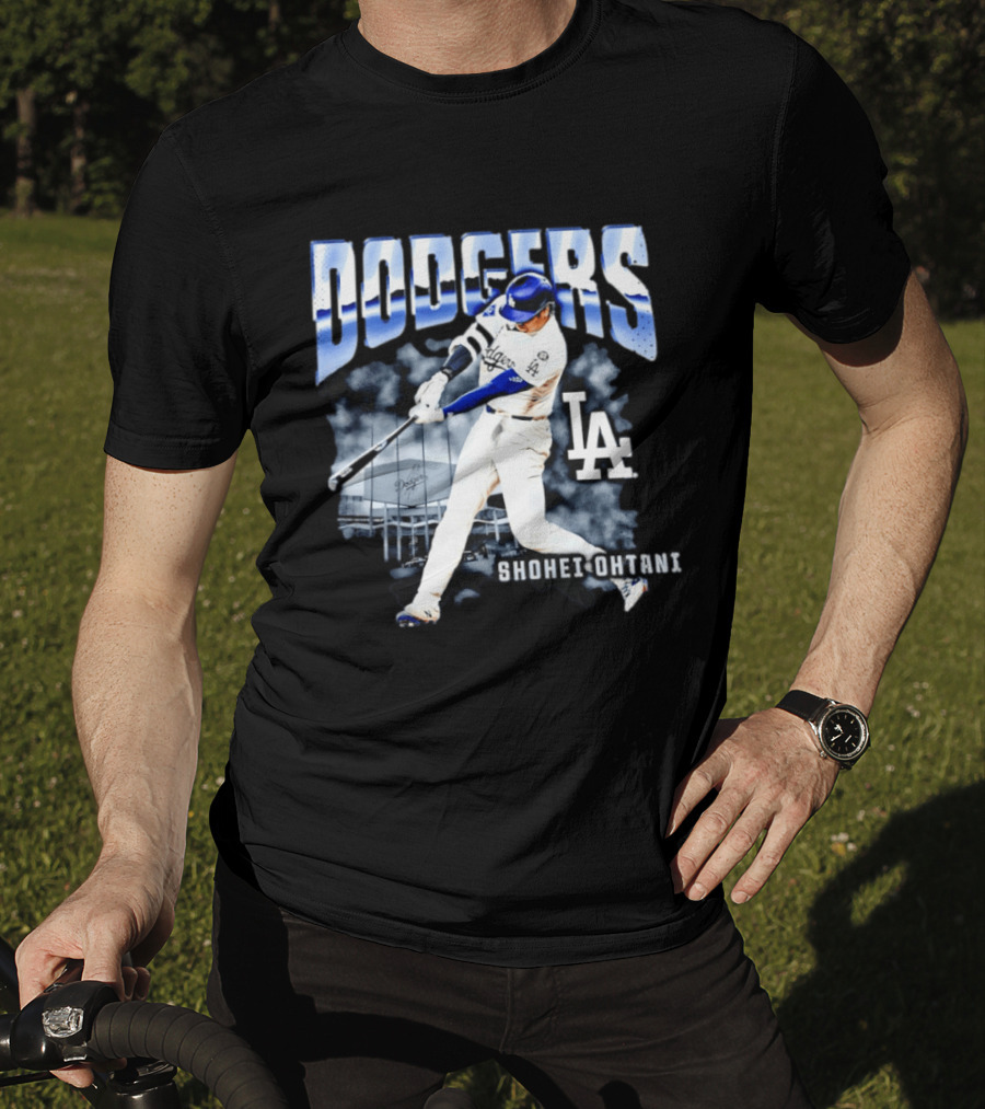 Shohei Ohtani Los Angeles Dodgers MLB Baseball Star Hitter Action Dodgers Stadium T-Shirt