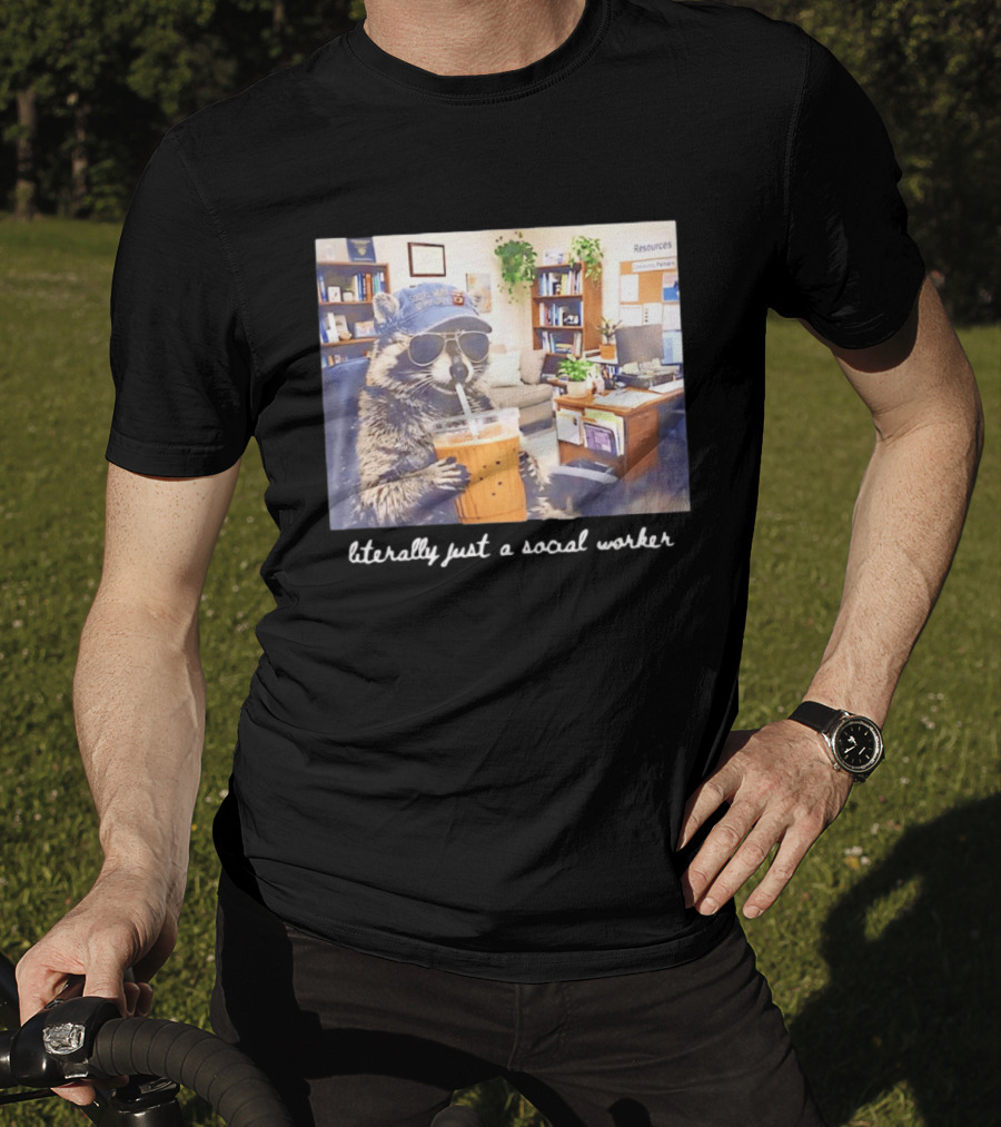 Social Work Is My Jam Literally Just A Social Worker Raccoon In Office With Drink T-Shirt