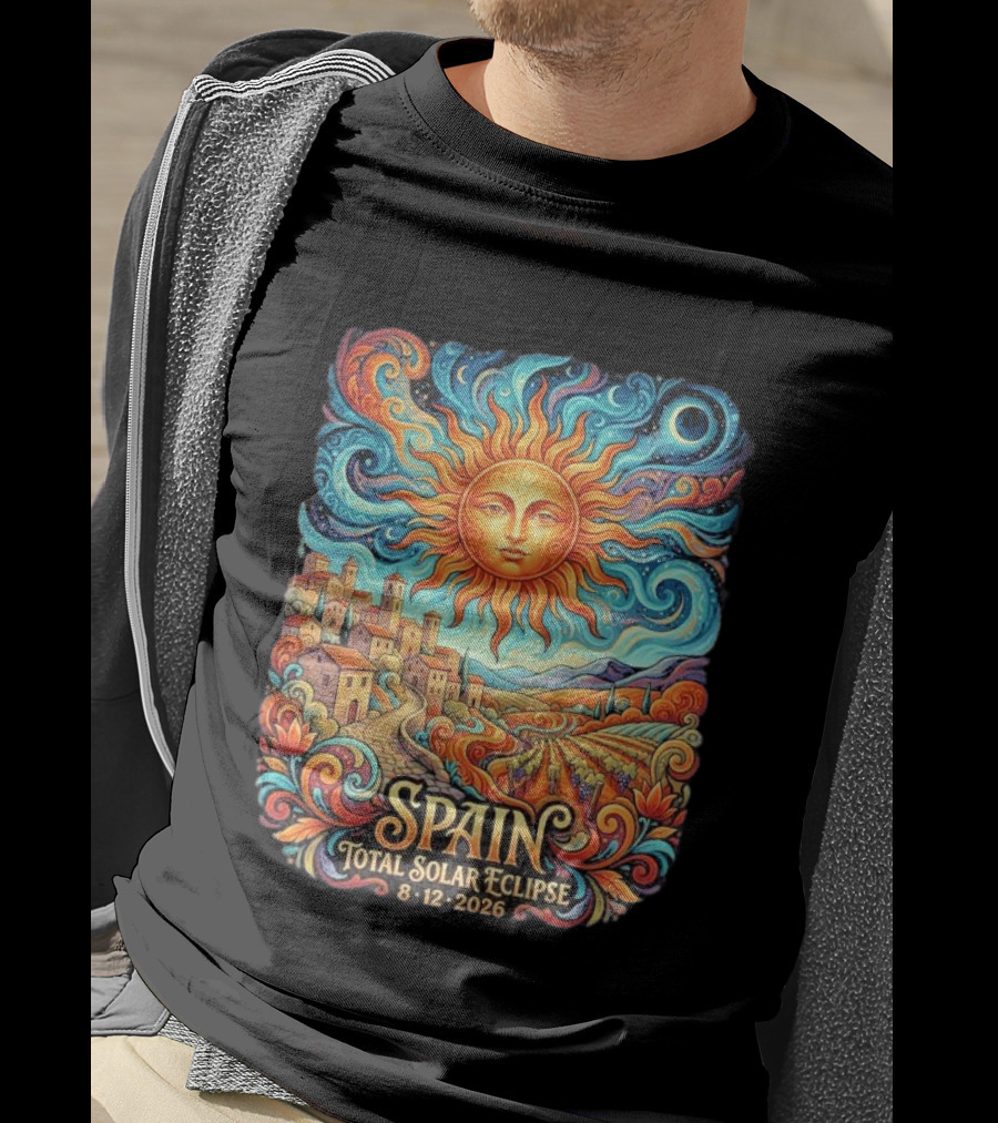 Spain Total Solar Eclipse 8 12 2026 Sun And Moon Celestial Village T-Shirt