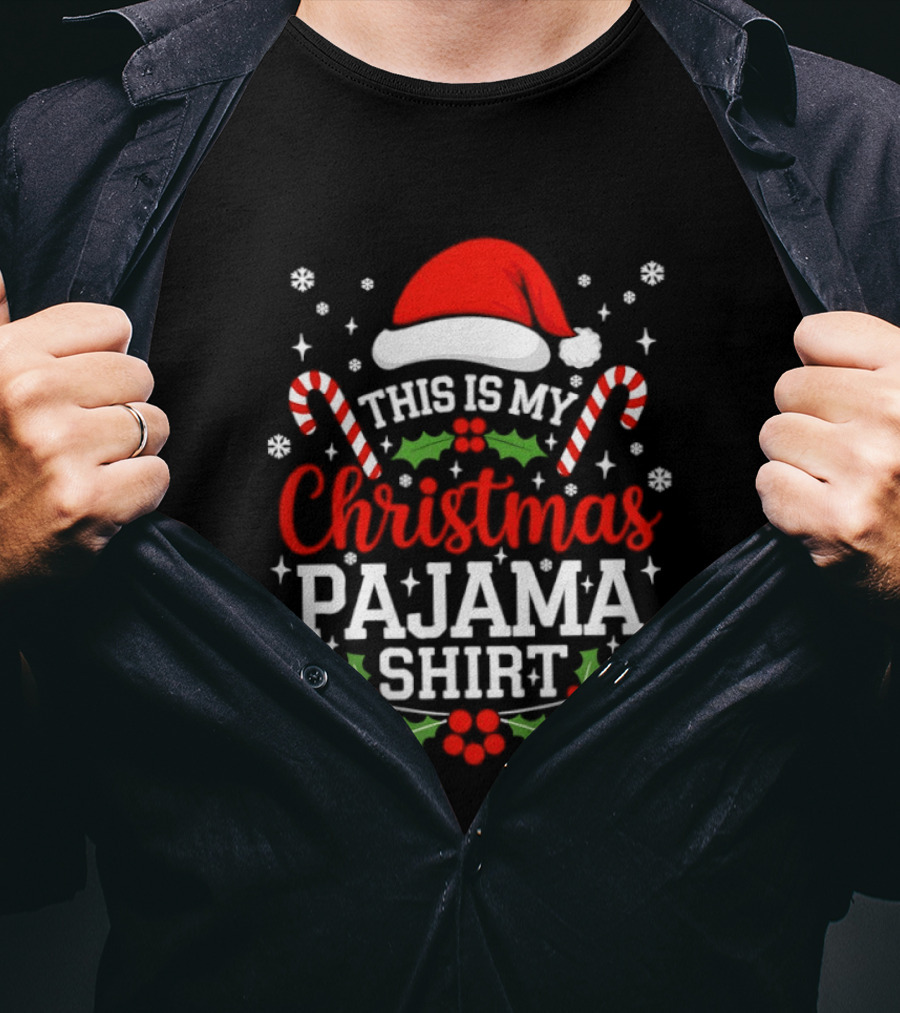 This Is My Christmas Pajama Santa Hat Candy Cane Holly T-Shirt