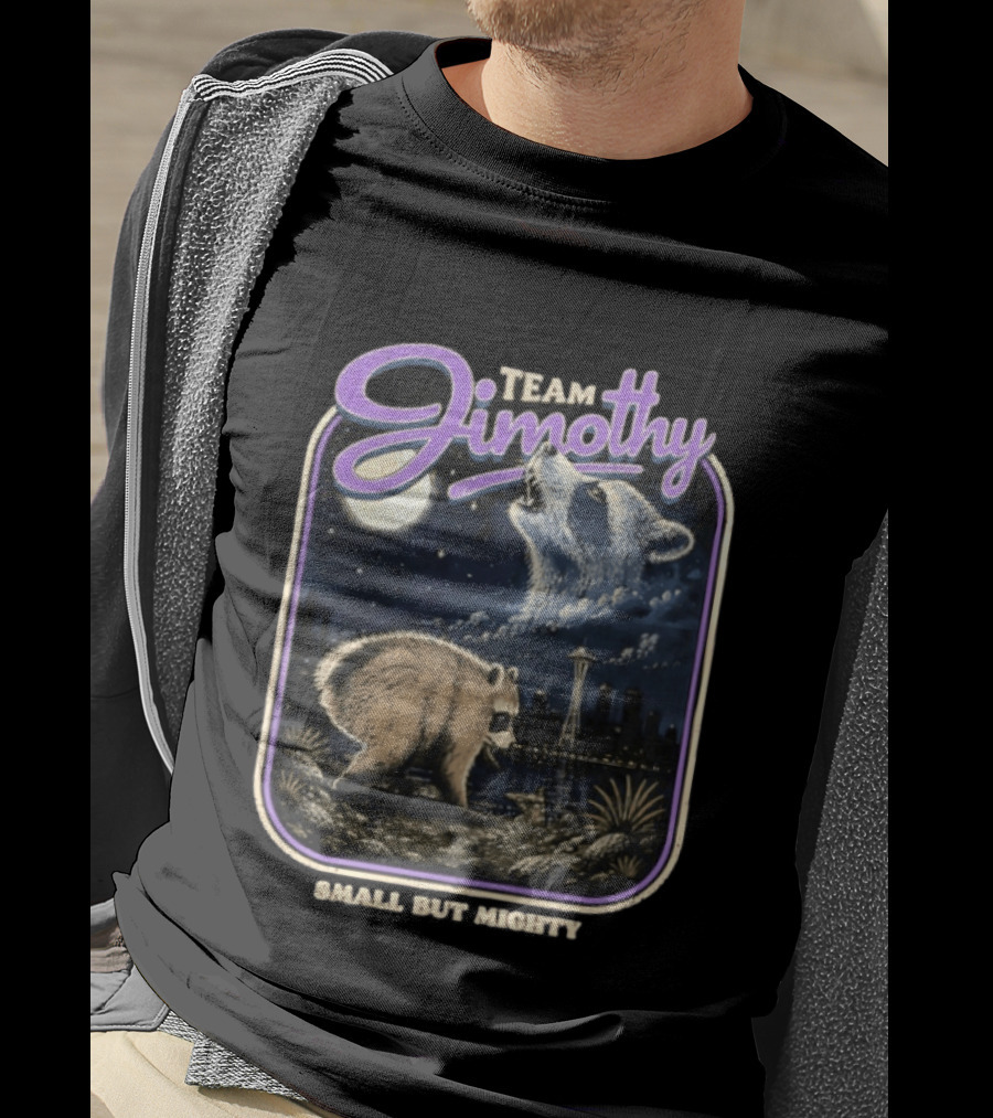 Team Jimothy Small But Mighty Raccoon Cityscape At Night Seattle Tower T-Shirt