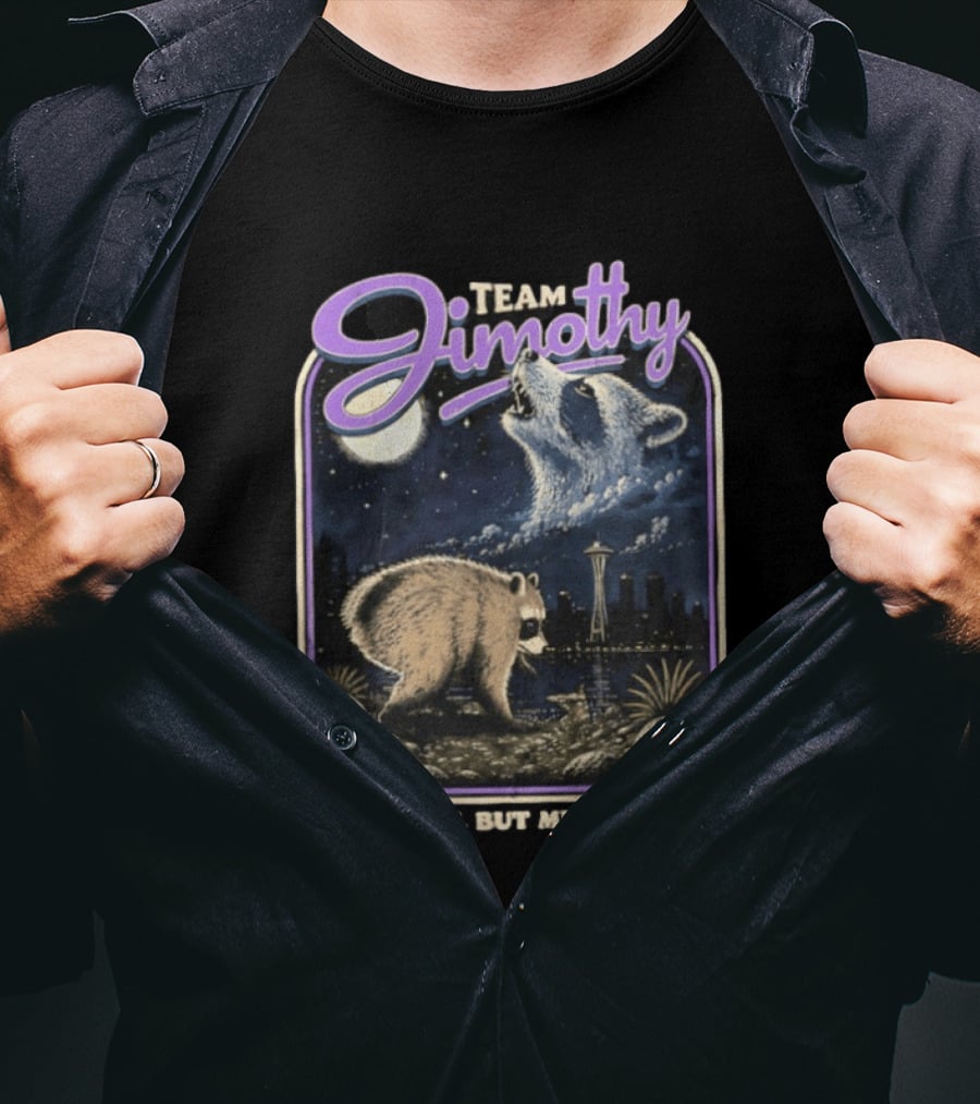 Team Jimothy Small But Mighty Raccoon Cityscape At Night Seattle Tower T-Shirt