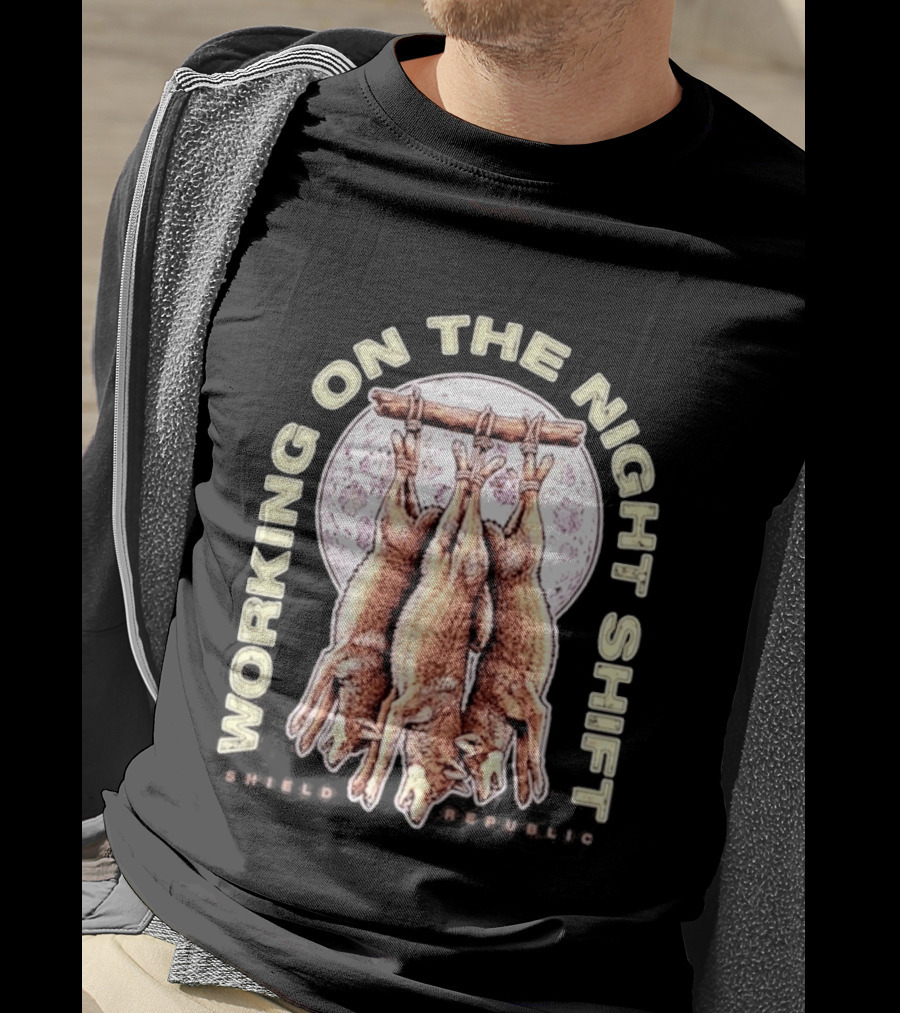 Working On The Night Shift Shield Republic Hanging Coyotes Full Moon T-Shirt