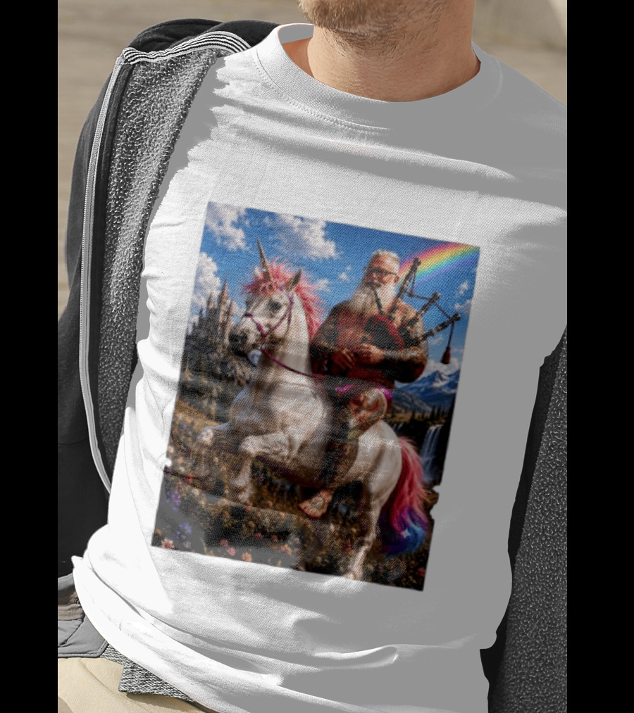 Bearded Scotsman Playing Bagpipes Riding A Rainbow Unicorn In Enchanted Castle Landscape T-Shirt