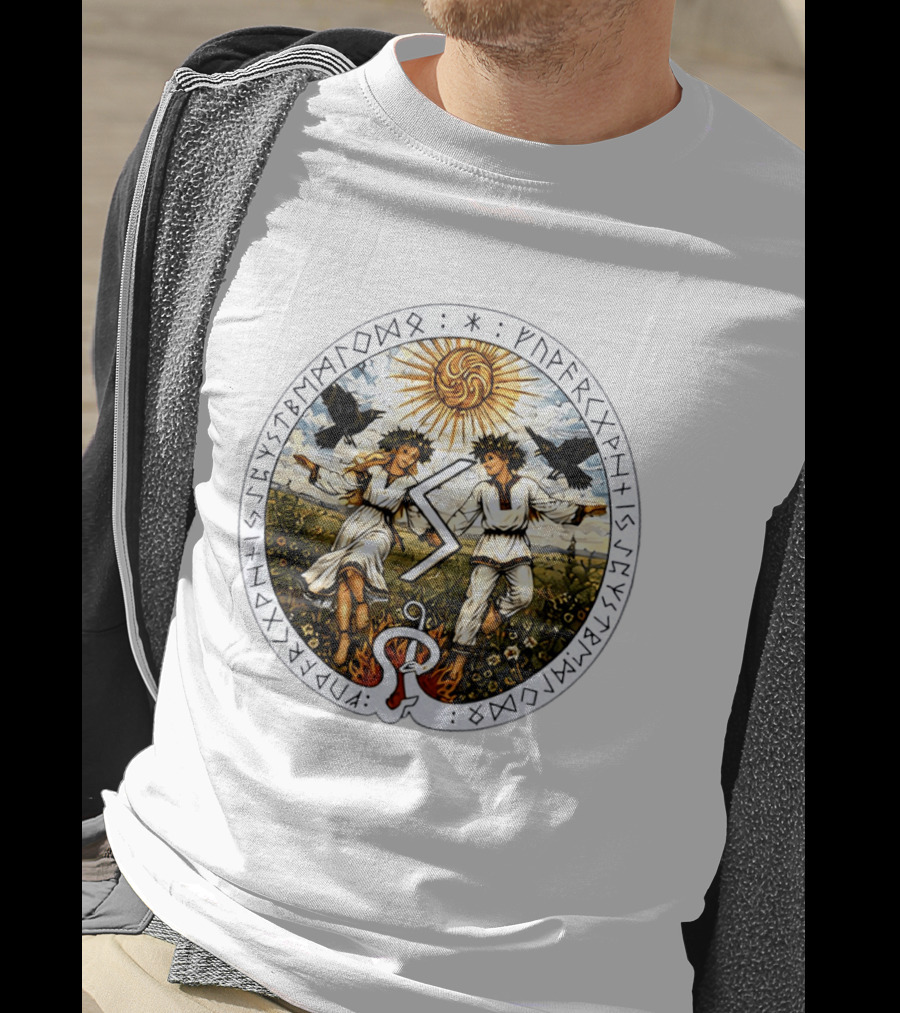 Seidr Sun Wheel Futhark Runes Pagan Folk Norse Mythology Ravens And Dancing Figures T-Shirt