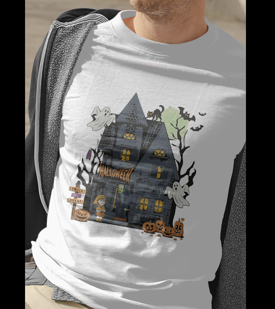 Halloween Haunted House With Frankenstein Trick Or Treat Ghosts And Pumpkins T-Shirt