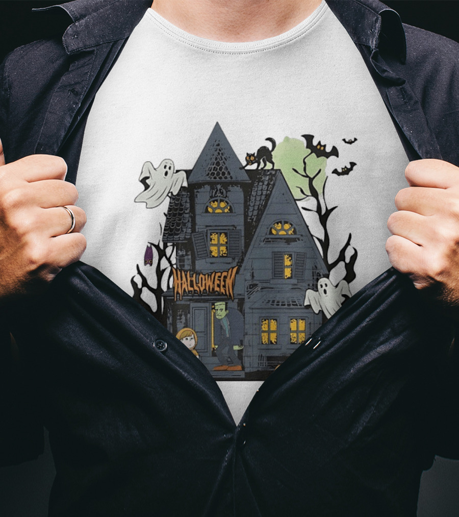 Halloween Haunted House With Frankenstein Trick Or Treat Ghosts And Pumpkins T-Shirt
