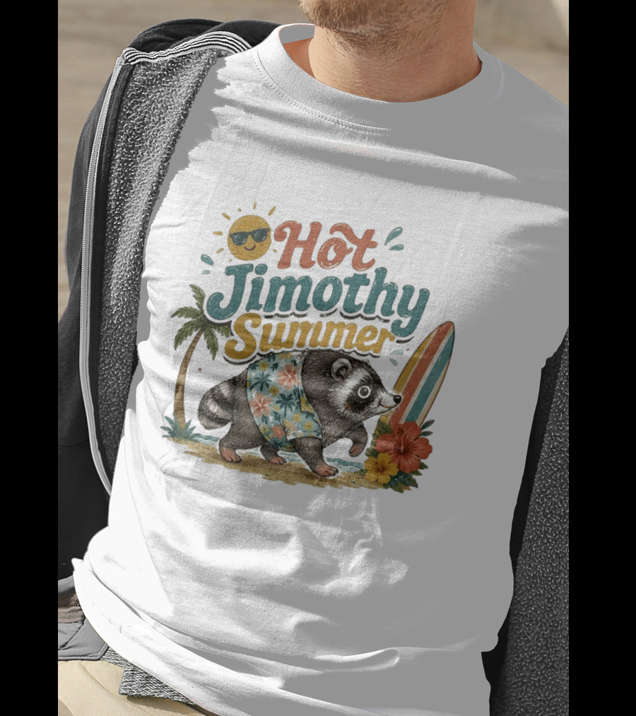 Hot Jimothy Summer Raccoon Tropical Surfing Vibes Vintage Paradise T-Shirt