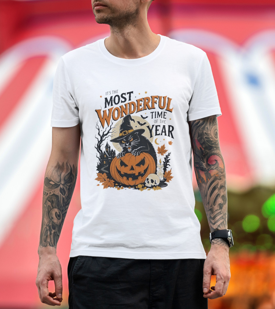 It's The Most Wonderful Time Of The Year Witch Cat And Pumpkin Halloween T-Shirt