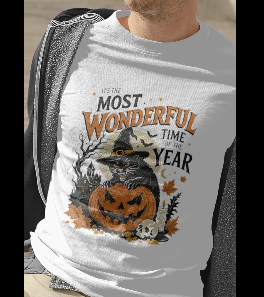It's The Most Wonderful Time Of The Year Witch Cat And Pumpkin Halloween T-Shirt