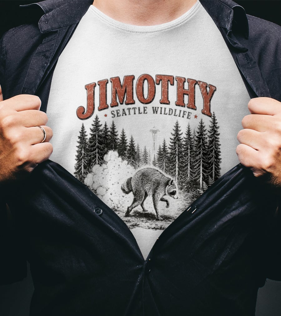 Jimothy Seattle Wildlife Raccoon With Space Needle Forest Scene T-Shirt