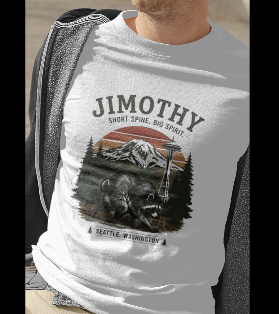 Jimothy Short Spine Big Spirit Bear Seattle Washington Skyline Sunset T-Shirt