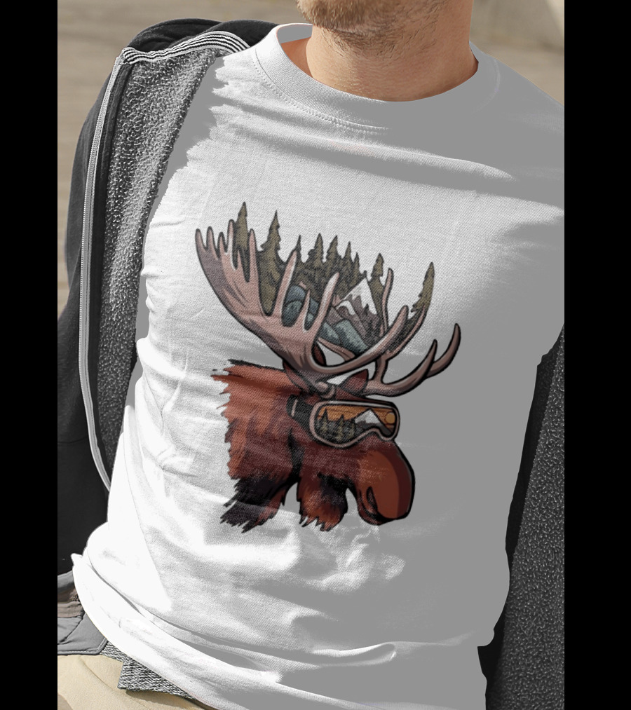 Moose With Ski Goggles And Mountain Forest Antlers Adventure Scene T-Shirt