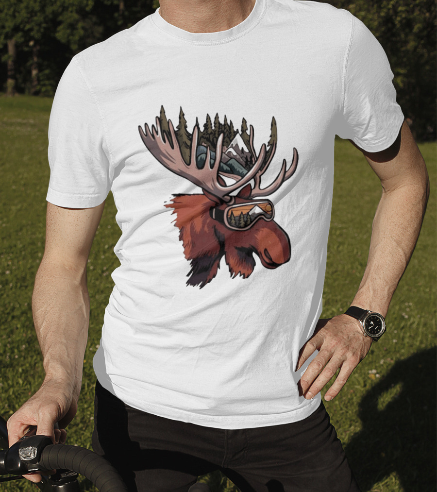 Moose With Ski Goggles And Mountain Forest Antlers Adventure Scene T-Shirt