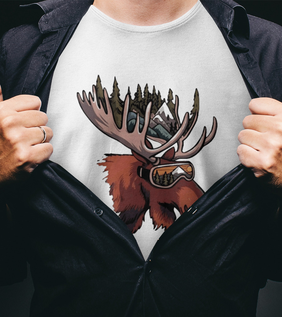 Moose With Ski Goggles And Mountain Forest Antlers Adventure Scene T-Shirt
