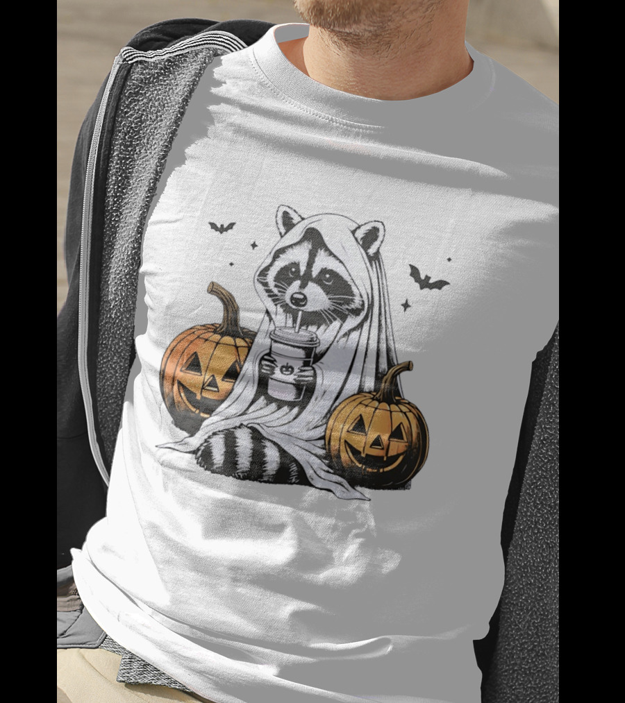 Raccoon Ghost With Iced Coffee And Jack O' Lanterns Halloween T-Shirt