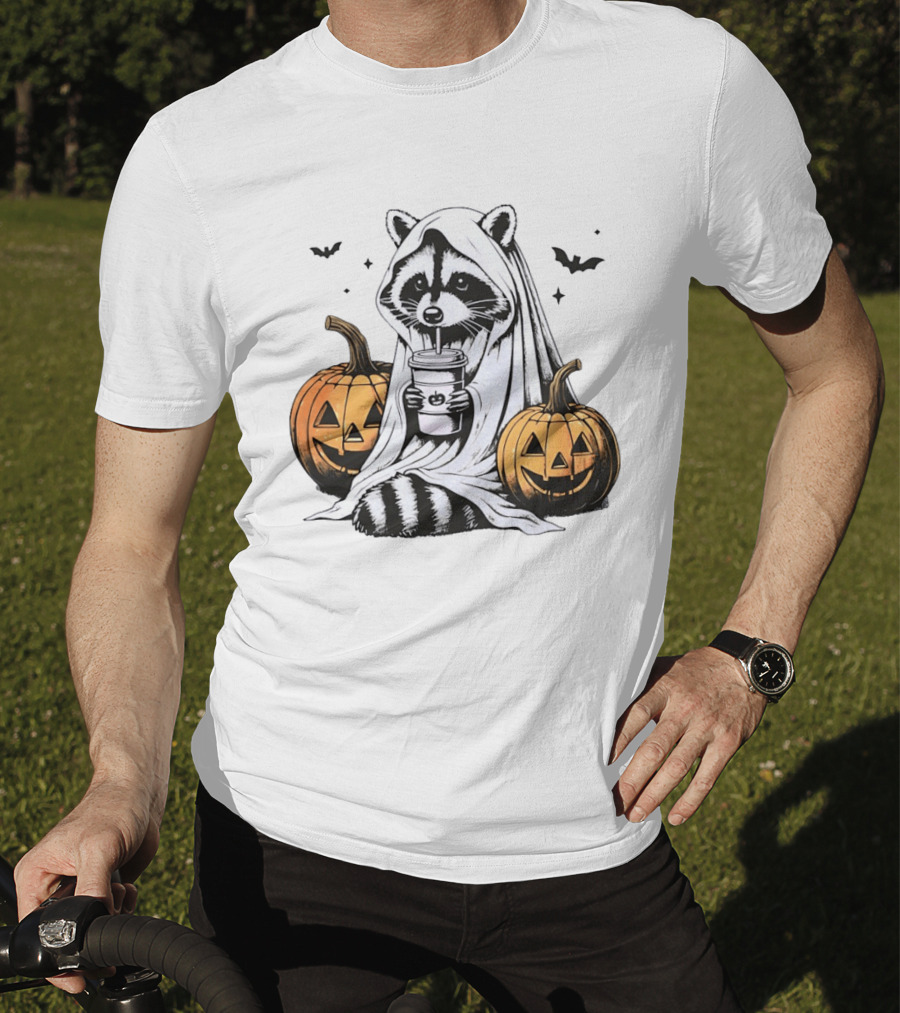Raccoon Ghost With Iced Coffee And Jack O' Lanterns Halloween T-Shirt