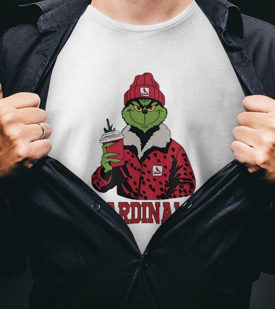 The Grinch In St Louis Cardinals Jacket With Coffee Christmas T-Shirt