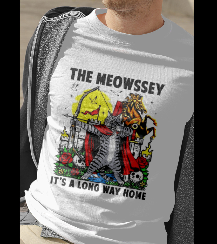 The Meowssey It's A Long Way Home Cat Archer With Red Cape And Horse T-Shirt
