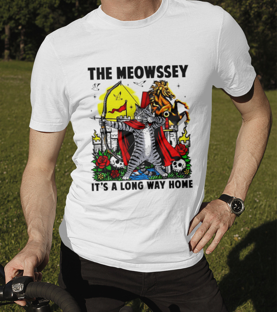 The Meowssey It's A Long Way Home Cat Archer With Red Cape And Horse T-Shirt