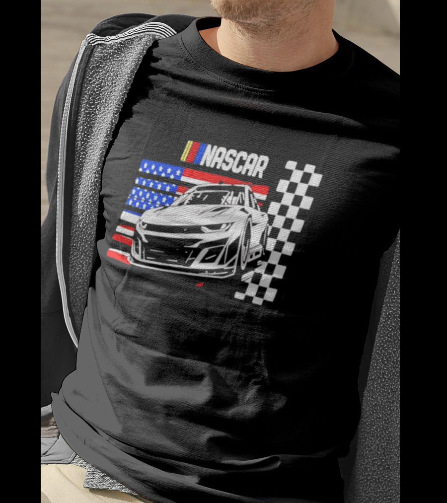 Nascar Race Car American Flag Checkered Flag T-Shirt