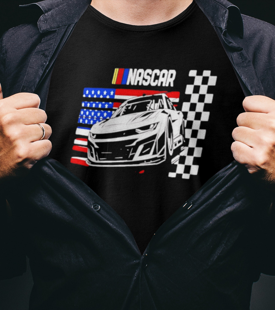 Nascar Race Car American Flag Checkered Flag T-Shirt