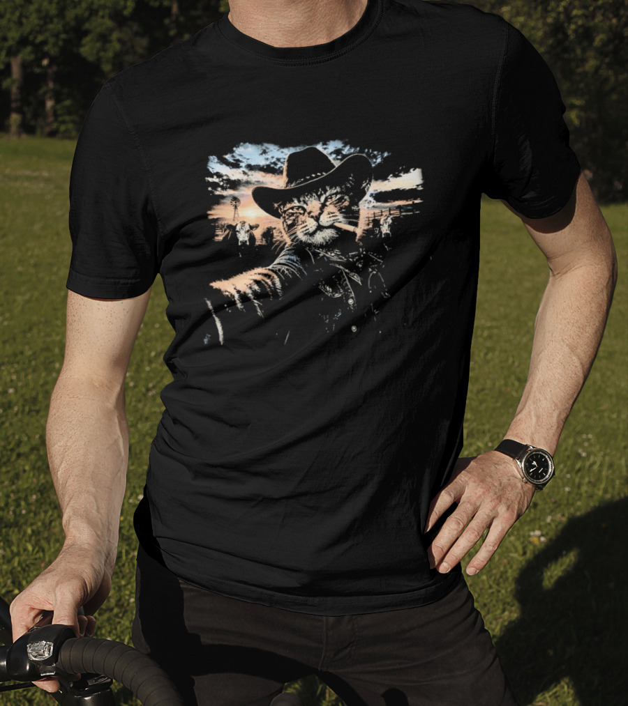 Cowboy Cat Smoking Selfie Sunset Western Sky Scene T-Shirt