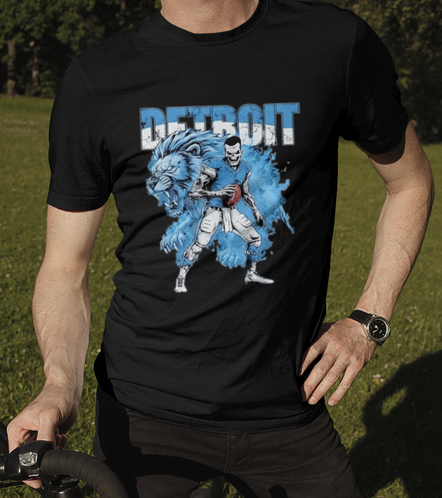 Detroit Lions Zombie Quarterback With Football And Fierce Lion T-Shirt