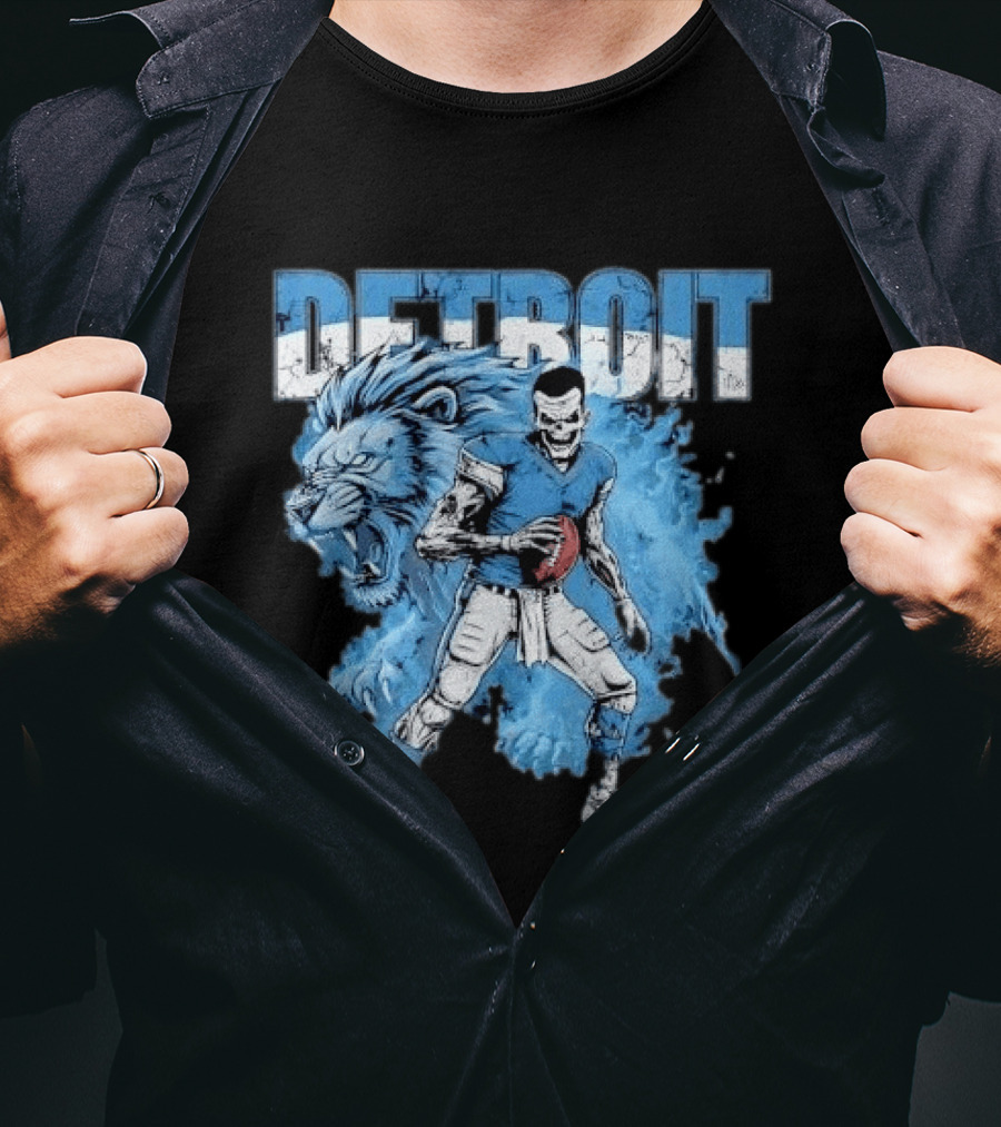 Detroit Lions Zombie Quarterback With Football And Fierce Lion T-Shirt