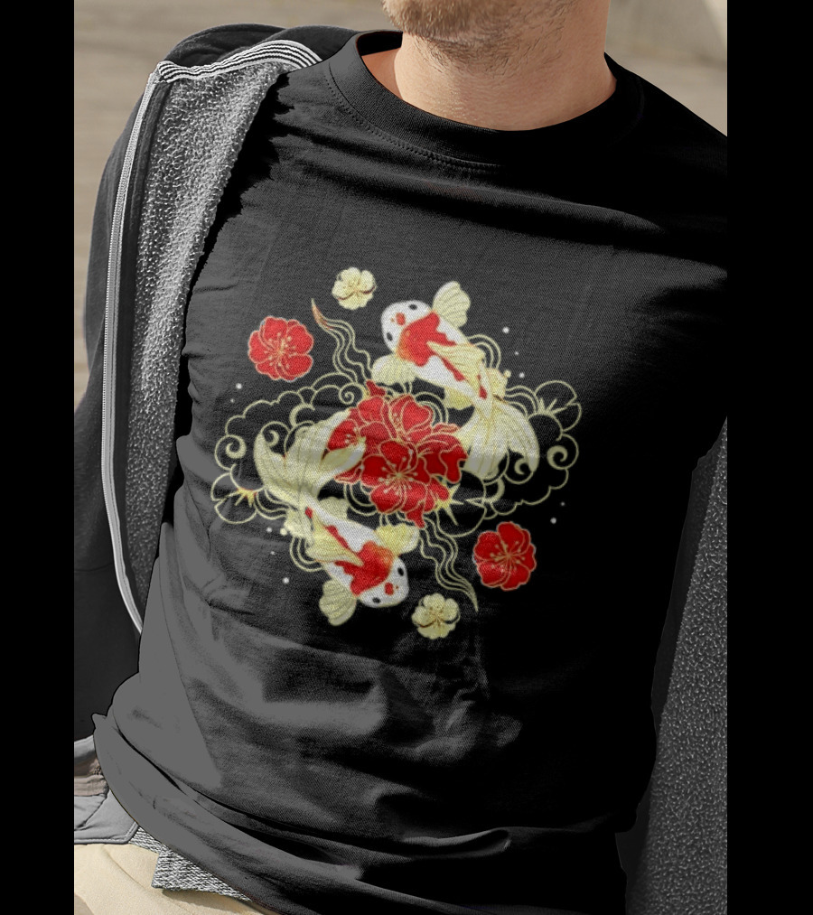 Koi Fish With Red And White Japanese Flowers T-Shirt
