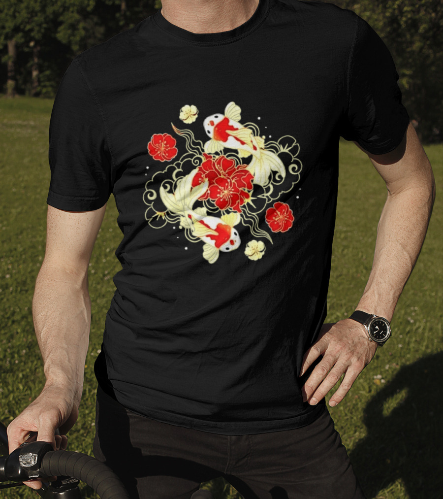 Koi Fish With Red And White Japanese Flowers T-Shirt