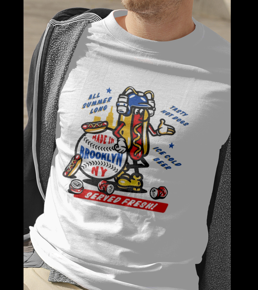 Made In Brooklyn NY Hot Dog With Ketchup All Summer Long Play Ball T-Shirt