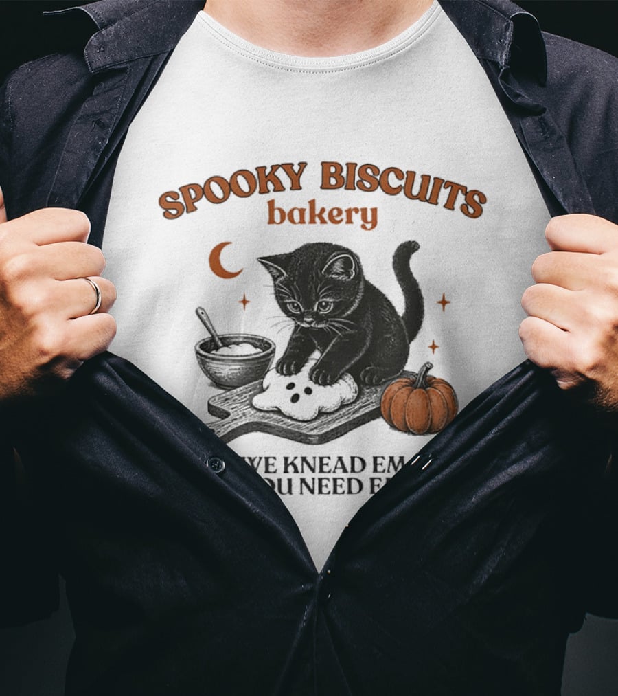 Spooky Biscuits Bakery We Knead Em You Need Em Cat Pumpkin Moon T-Shirt