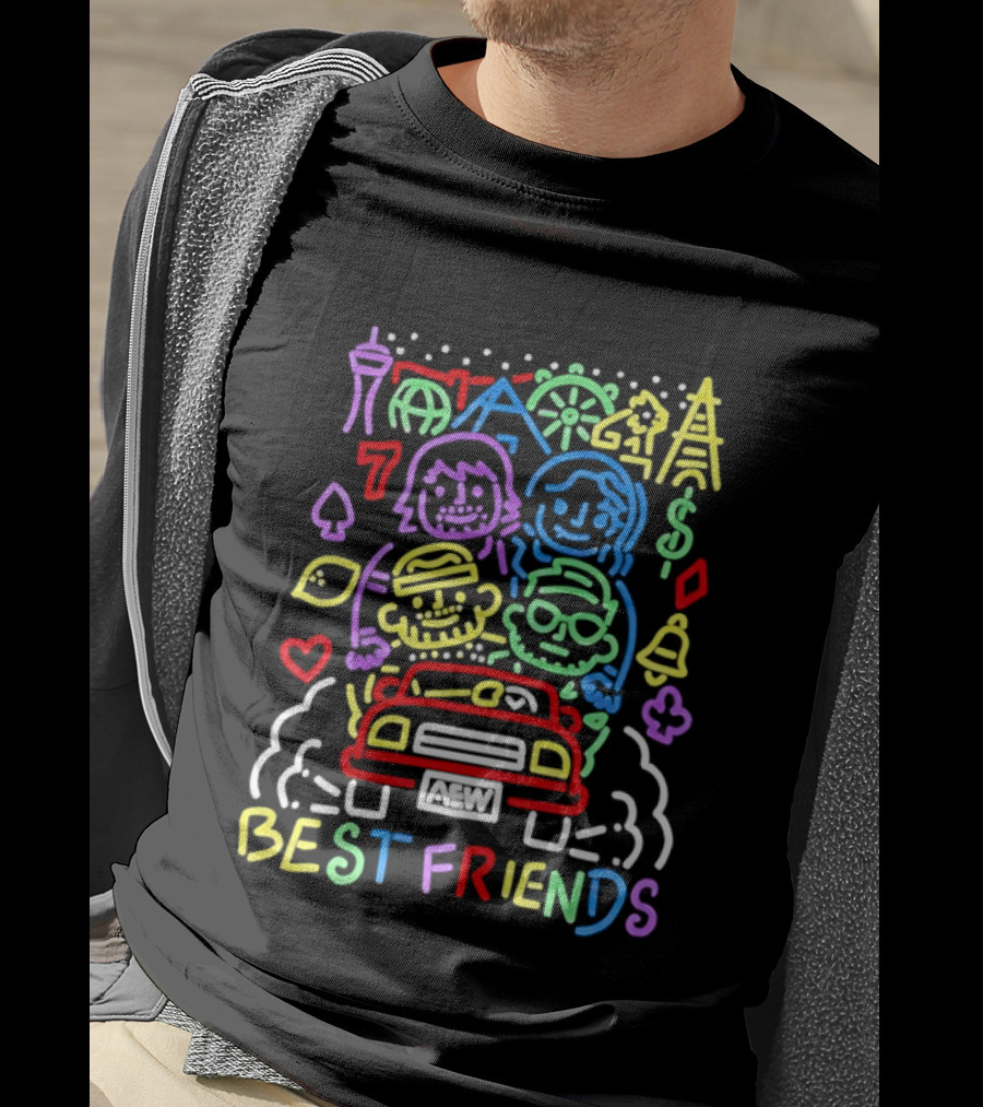 Best Friends AEW Neon Road Trip With Casino Icons And Landmarks T-Shirt
