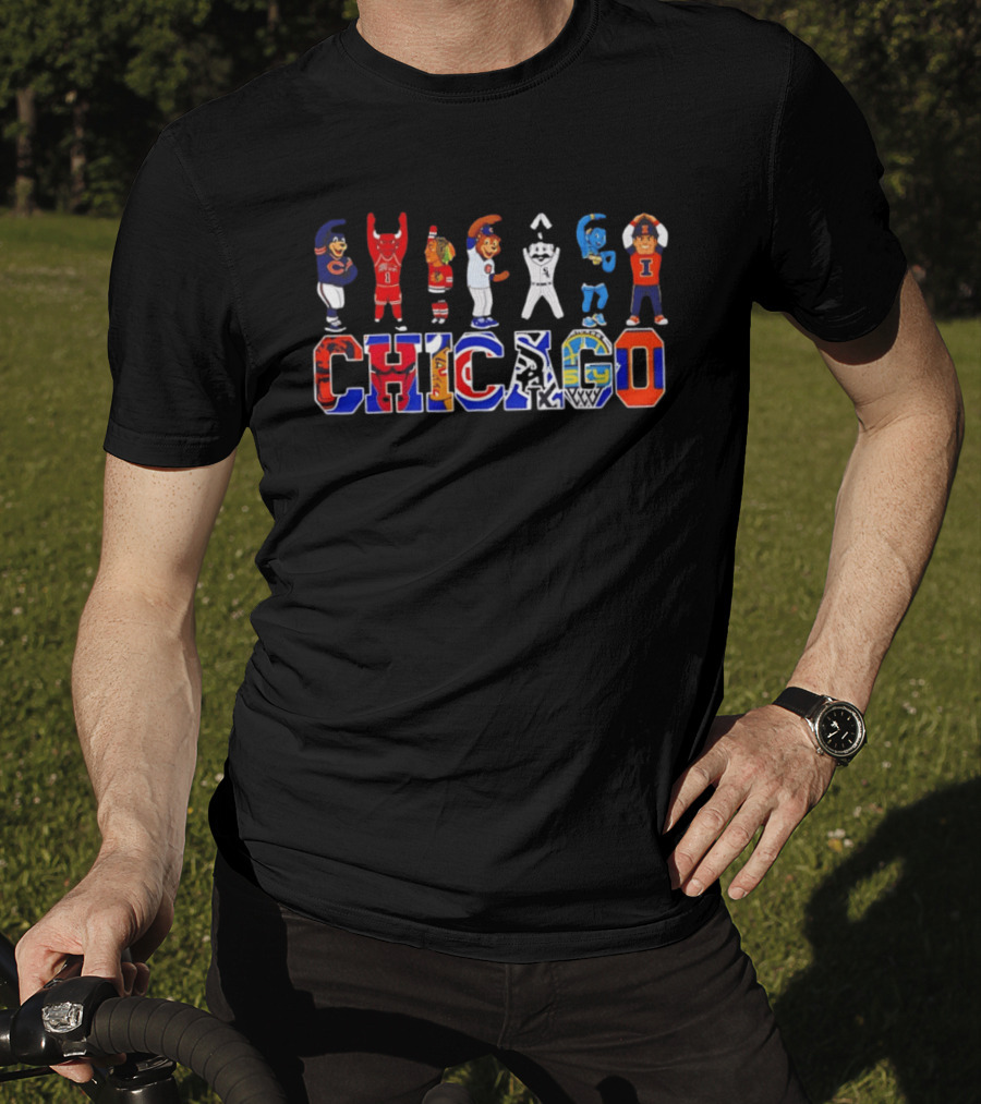 Chicago Bears Bulls Blackhawks Cubs White Sox Mascots Basketball Logos T-Shirt