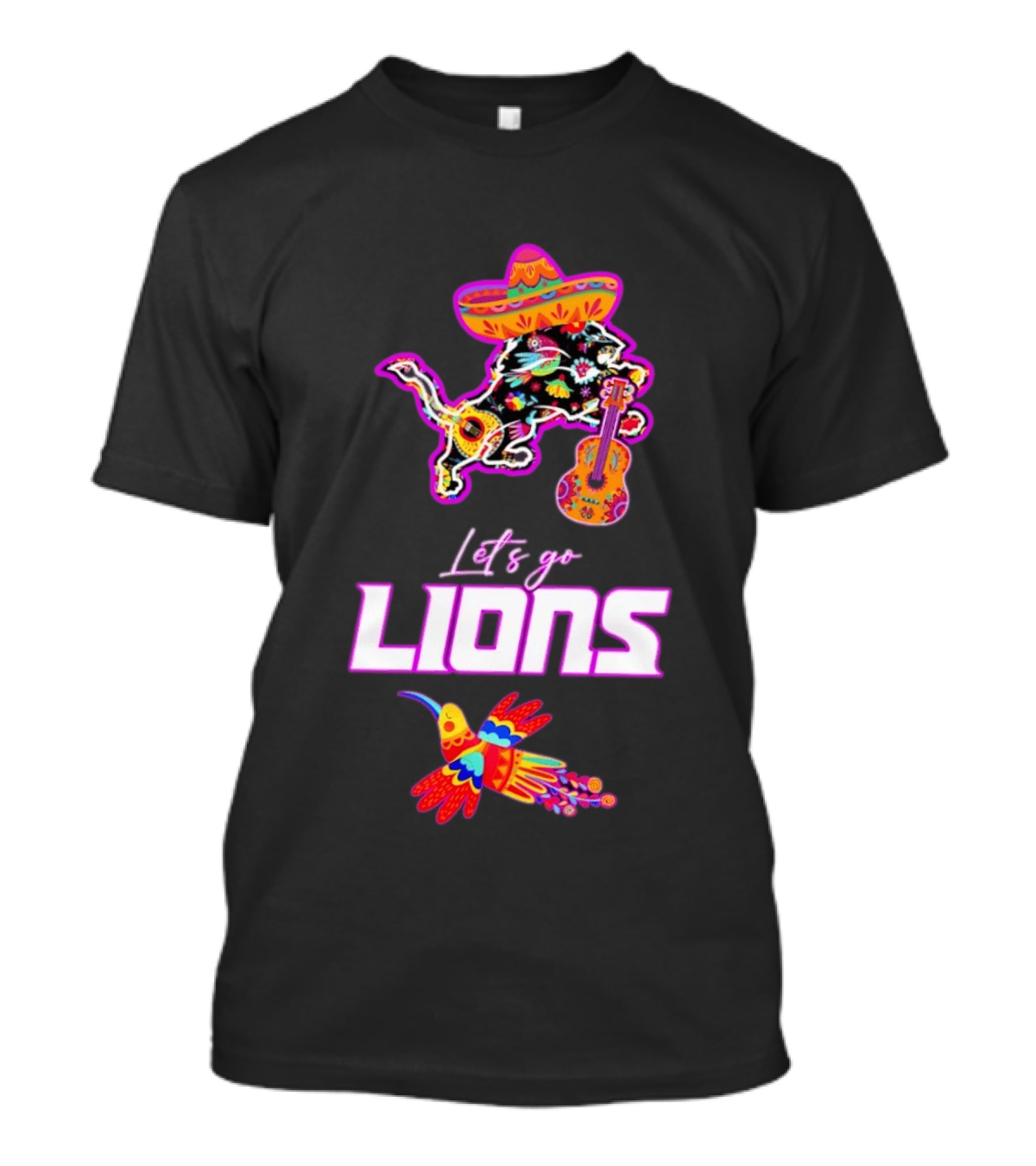 Let's Go Lions Hispanic Heritage Fiesta Mexican Folk Sombrero And Guitar T-Shirt