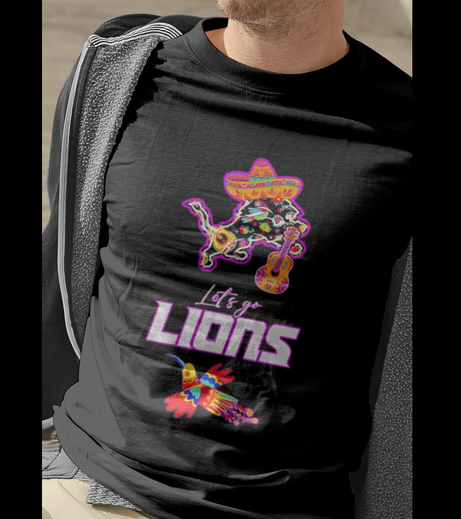 Let's Go Lions Hispanic Heritage Fiesta Mexican Folk Sombrero And Guitar T-Shirt