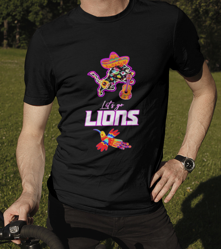 Let's Go Lions Hispanic Heritage Fiesta Mexican Folk Sombrero And Guitar T-Shirt