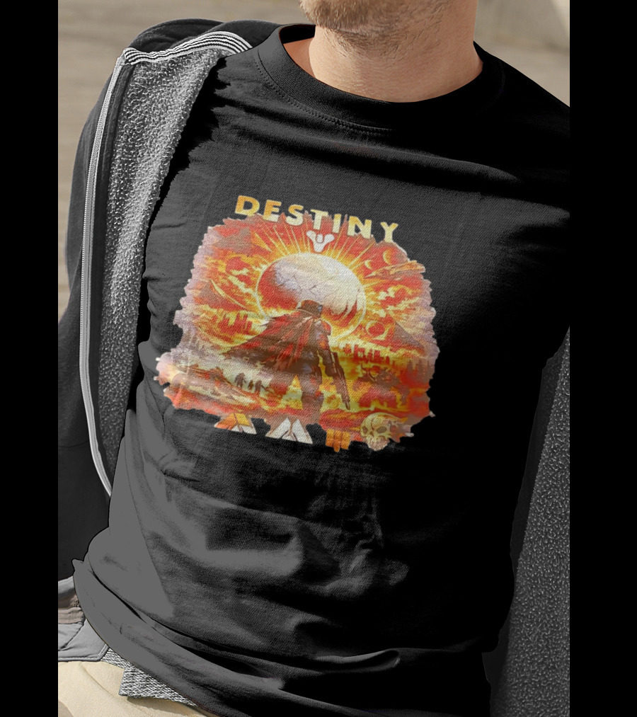 Destiny 3 Guardian Fireteam Solar Battle Scene With Traveler Sky Planet And Skull T-Shirt