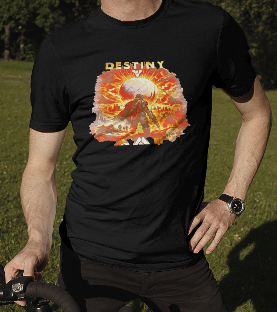 Destiny 3 Guardian Fireteam Solar Battle Scene With Traveler Sky Planet And Skull T-Shirt