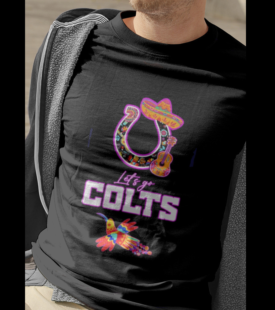 Indianapolis Colts Lets Go Colts Hispanic Heritage Fiesta Mexican Folk Art Sombrero Guitar Hummingbird T-Shirt
