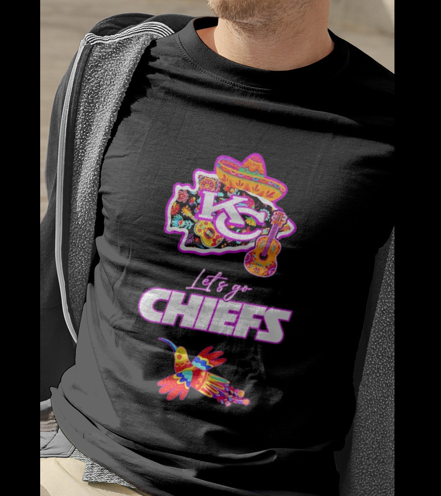 Kansas City Chiefs Let's Go Chiefs Fiesta Hispanic Heritage Mexican Folk KC Sombrero Guitar Hummingbird T-Shirt