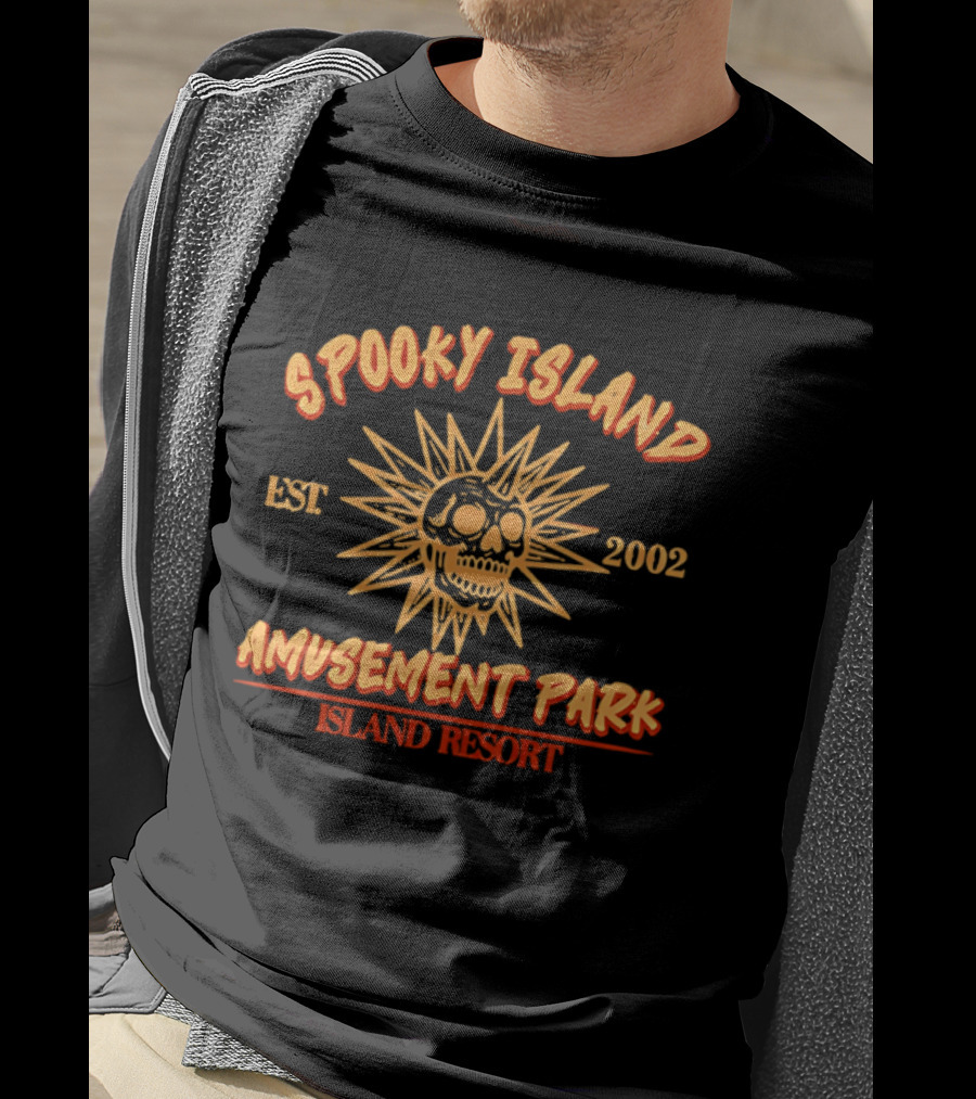 Spooky Island Amusement Park Est 2002 Island Resort Skull Sunburst T-Shirt